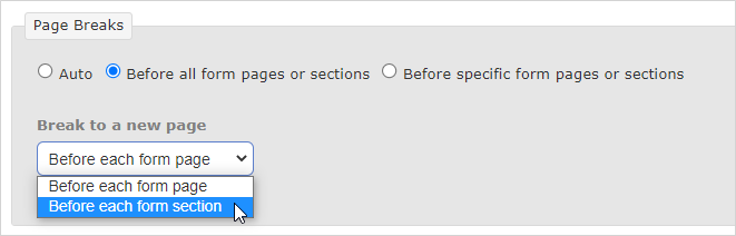 Drop-down to select page break style
